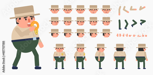 Forest ranger, policeman, police officer in uniform creation kit. Create your own action, pose, animation. Modern vector illustration