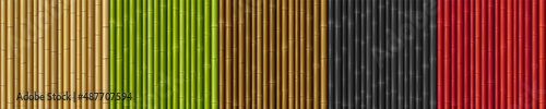 Textures of wall with bamboo sticks. Vector cartoon set of seamless patterns with colored japanese or chinese cane wall. Game backgrounds with tropical plant stems © klyaksun
