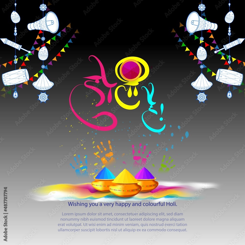 Fototapeta premium Vector illustration of Happy Holi greeting, written Hindi text means it's Holi, Festival of Colors, festival elements with colourful Hindu festive background