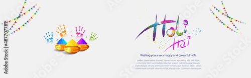 Vector illustration of Happy Holi greeting, written Hindi text means it's Holi, Festival of Colors, festival elements with colourful Hindu festive background