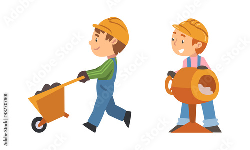 Kid builders working with construction tools set. Boys wearing overalls and safety hard hat with concrete mixer and wheelbarrow cartoon vector illustration