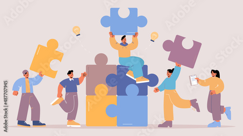 Teamwork and brainstorm concept. Team of people with puzzle and light bulbs work together. Vector flat illustration of partnership and cooperation with people brainstorming