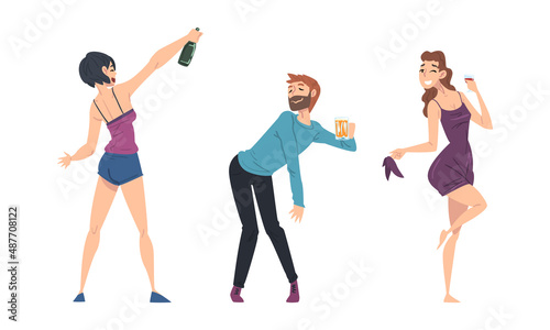 Happy drunk young people cartoon vector illustration on white background.