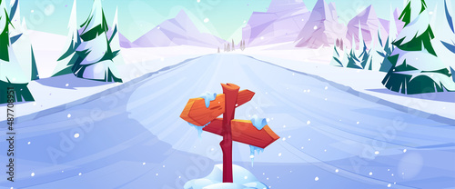 Ice slide with wooden road sign, conifers and mountain peaks on horizon. Winter ski resort, iced slippery hill, cartoon background with direction signboard for wintertime sport, Vector illustration