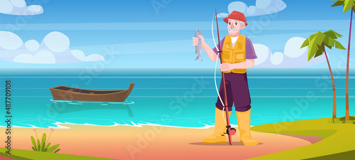 Old fisherman holding fish on rod stand at sea coast with floating wooden boat. Mature male character summer time activity, pensioner with haul, recreation, hobby, leisure, Cartoon vector illustration