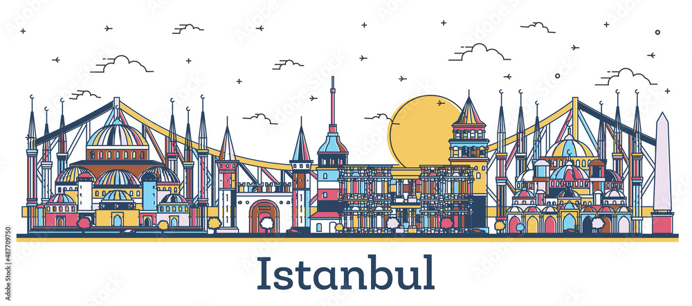 Outline Istanbul Turkey City Skyline with Historic Colored Buildings Isolated on White.