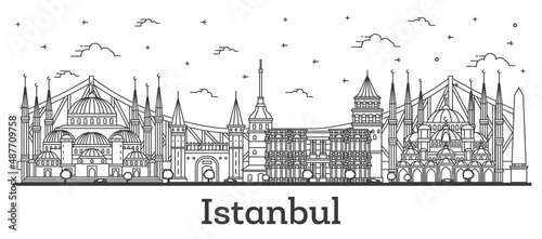 Outline Istanbul Turkey City Skyline with Historic Buildings Isolated on White.