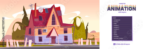 Old suburban house parallax background with 2d separated layers ready for game animation. Decrepit residential cottage with rickety fence and satellite antenna on roof, Cartoon vector illustration