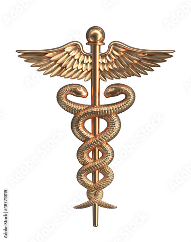 Golden caduceus medical symbol with snakes crawling on a pole with wings. 3d illustration isolated on a white background.