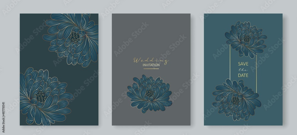 Luxury Botanical Cards Vector Set with Line Art Flowers. Abstract Floral Invitation Line Art Drawing with Flowers and Gold Lines. Minimal Wedding Card Design.