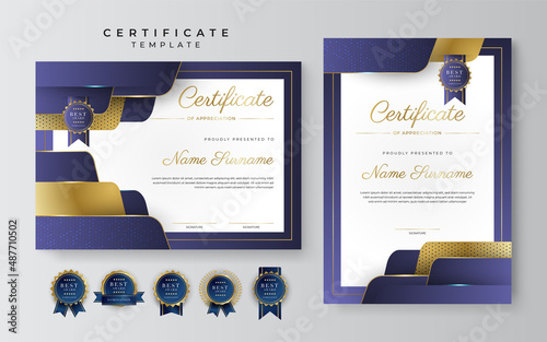 Purple violet and gold certificate of achievement border template with luxury badge and modern line pattern. For award, business, cosmetic, beauty product and education needs