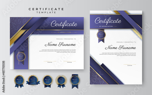 Purple violet and gold certificate of achievement border template with luxury badge and modern line pattern. For award, business, cosmetic, beauty product and education needs