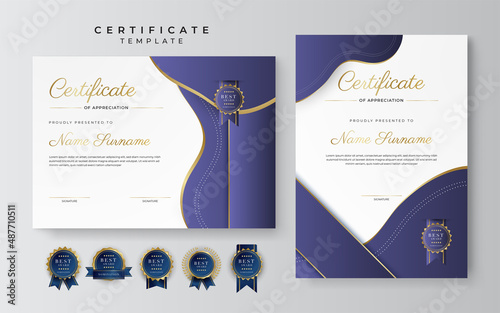 Purple violet and gold certificate of achievement border template with luxury badge and modern line pattern. For award, business, cosmetic, beauty product and education needs