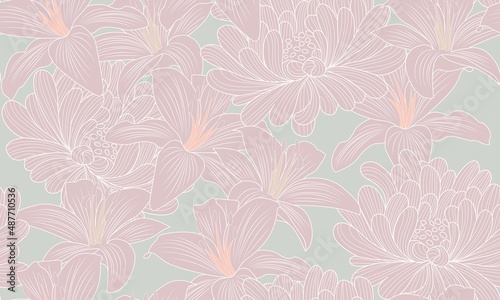 Wallpaper Mural Floral Seamless Pattern in Trendy Line Art Style. Botanical Flowers Composition, Ideal for Textile, Surface Design, Wall Art Print, Modern Poster, Minimal Interior Design, Social Media. Vector EPS 10 Torontodigital.ca