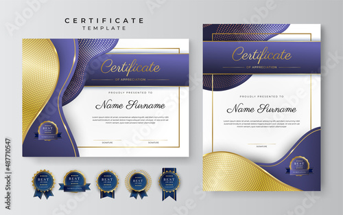 Purple violet and gold certificate of achievement border template with luxury badge and modern line pattern. For award, business, cosmetic, beauty product and education needs
