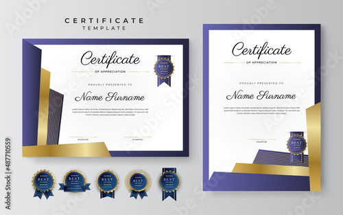 Purple violet and gold certificate of achievement border template with luxury badge and modern line pattern. For award, business, cosmetic, beauty product and education needs