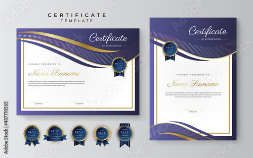 Purple violet and gold certificate of achievement border template with luxury badge and modern line pattern. For award, business, cosmetic, beauty product and education needs
