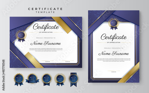 Purple violet and gold certificate of achievement border template with luxury badge and modern line pattern. For award, business, cosmetic, beauty product and education needs