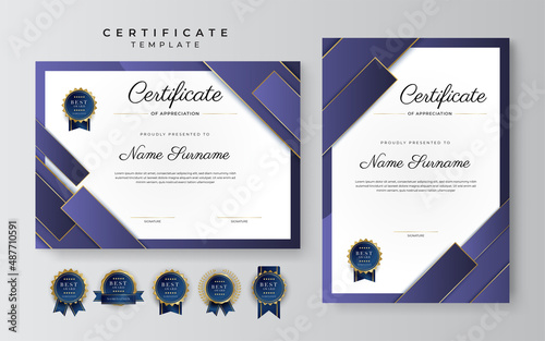 Purple violet and gold certificate of achievement border template with luxury badge and modern line pattern. For award, business, cosmetic, beauty product and education needs