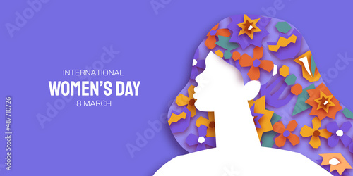 Female portrait with paper cut flowers. Happy Women's day. Happy Mother's Day. Abstract Hand drawn paper cut floral shapes. Trendy contemporary art. 8 March. Spring. Paper art work. Very peri color.