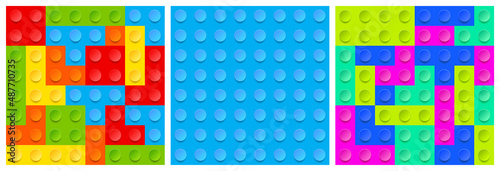 Textures of plastic block toy with colorful bricks. Vector cartoon set of seamless patterns of child game for build from geometric pieces. Kids constructor top view illustration