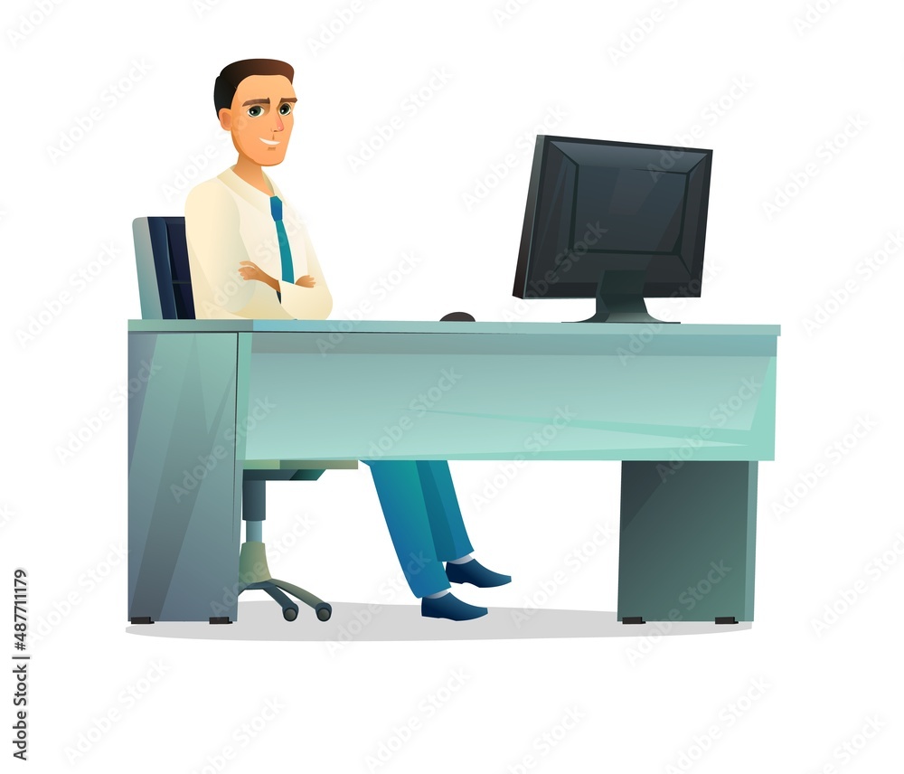 Businessman sitting in office at table with computer. Guy in shirt and tie. Male figure. Cheerful person character boy. Cartoon funny style illustration. Isolated on white background. Vector Businessman sitting in office at table with computer. Guy in shirt and tie. Male figure. Cheerful person character boy. Cartoon funny style illustration. Isolated on white background. Vector