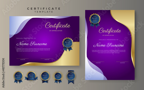 Purple violet and gold certificate of achievement border template with luxury badge and modern line pattern. For award, business, cosmetic, beauty product and education needs