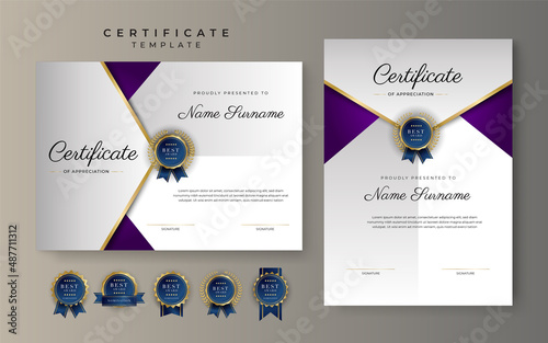 Purple violet and gold certificate of achievement border template with luxury badge and modern line pattern. For award, business, cosmetic, beauty product and education needs