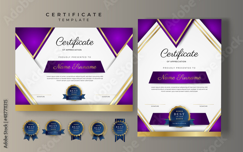 Purple violet and gold certificate of achievement border template with luxury badge and modern line pattern. For award, business, cosmetic, beauty product and education needs
