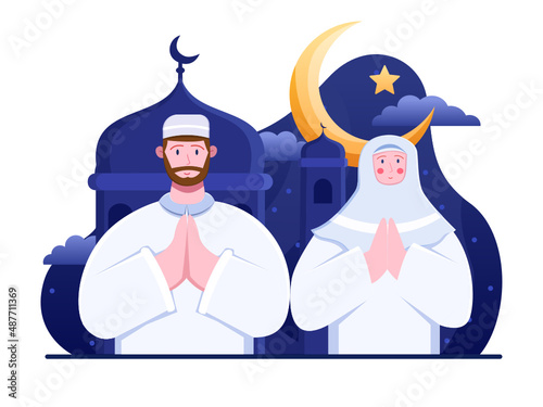 Muslim Person Greeting Happy isra' miraj'. Muslim Couple Illustration Flat. Isra Miraj The Night Journey. ramadhan, kareem. Can use for greeting card, poster, banner, postcard, web, etc.