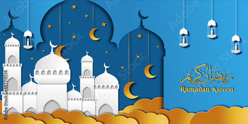 ramadan kareem illustration banner with mosque, lantern, stars, and moon in paper art
