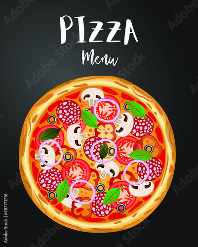 Pepperoni pizza ads with delicious ingredients on chalkboard background