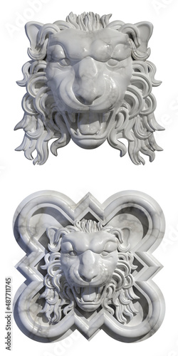 Marble lion head relief sculpture isolated on white background. 3d illustration.