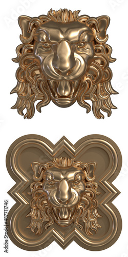 Golden lion head relief sculpture isolated on white background. 3d illustration.