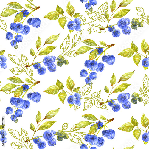 Blueberry seamless pattern. Green branches and ripe berries on white background. Watercolor illustration