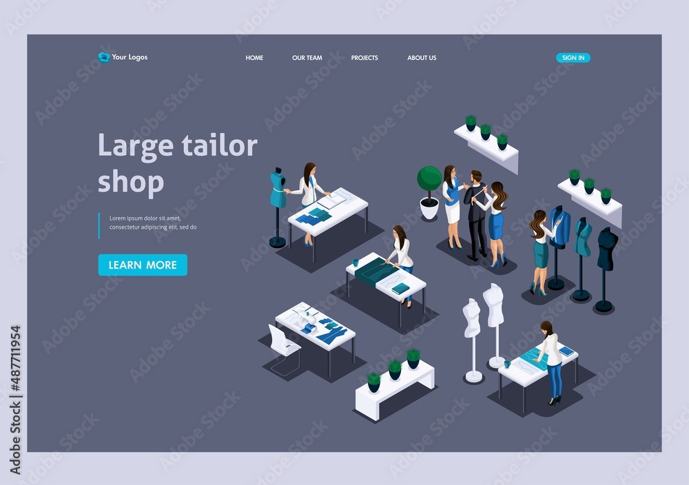 Isometric. 3D illustration of the work of a large tailor shop. Cutting clothes, patterns, sewing to order. Landing Page Concept