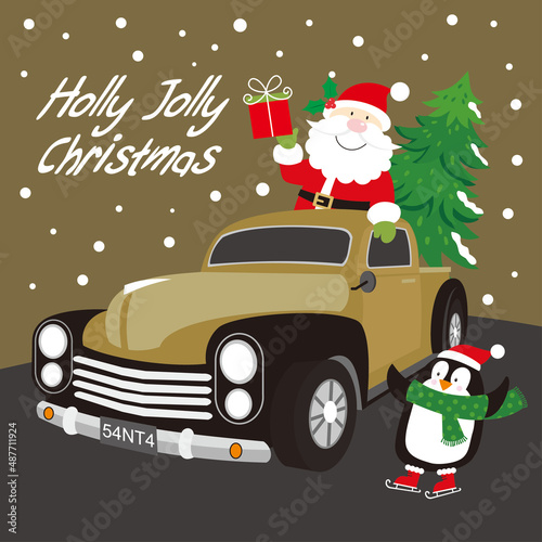 christmas card with penguin, santa claus and christmas tree on the car