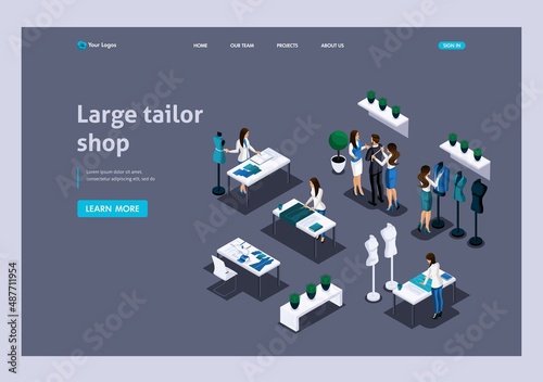 Isometric. 3D illustration of the work of a large tailor shop. Cutting clothes, patterns, sewing to order. Landing Page Concept