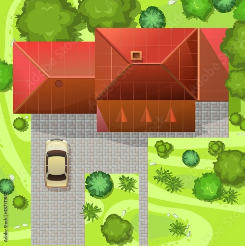 House with car near road in the meadow. Top view from above. Small town building and trees. Cartoon cute style illustration. Vector Buildings