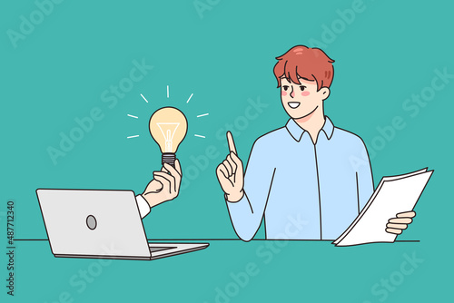 Hand from computer hold lightbulb offer innovative business idea to excited businessman. Young male employee get help from laptop. Innovation and creative thinking. Vector illustration. 