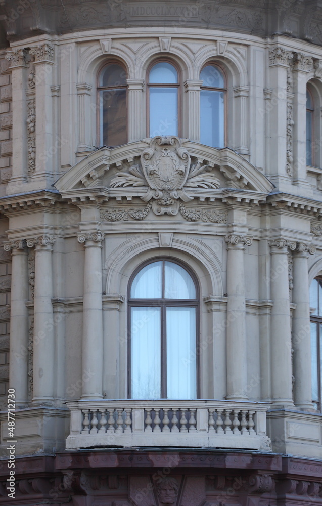 Balcony on the facade of the old building, Admiralteyskaya Embankment 8, St. Petersburg, Russia, February 2022