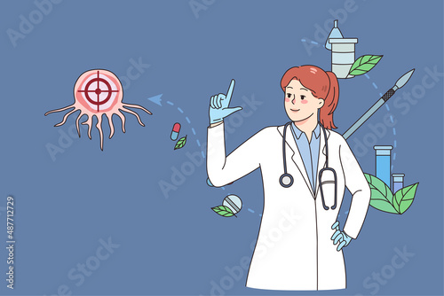 Female doctor or scientist explore cancer cell do research in laboratory. Woman medical specialist work with oncology diagnostic and treatment. Tumor biopsy and chemotherapy. Vector illustration. 