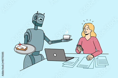 Future technologies and Artificial intelligence concept. Smiling girl sitting working and taking coffee and cake from robot bot communicating with her vector illustration 