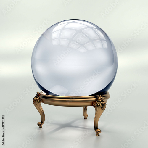 Glass ball magic crystal with golden stand, 3d Rendering.