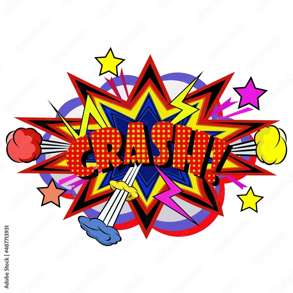 Naklejka premium CRASH comic explosion bubble in popart vintage style. Cartoon style vector. Vector cartoon bubble explosion with halftone pattern and shadow Wow effect.