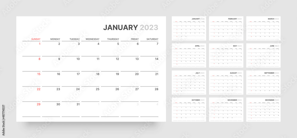 Monthly calendar template for 2023 year. Week Starts on Sunday. Wall calendar in a minimalist style. - obrazy, fototapety, plakaty 