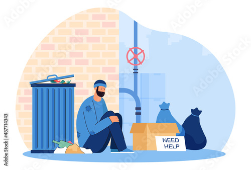 Homeless man sitting on ground flat vector illustration. Desperate hungry poor male person sitting on street near trash bin, asking for help, getting into financial trouble. Poverty concept