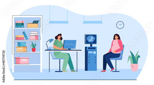 Pregnant woman in hospital flat vector illustration. Cheerful female character at appointment with gynecologist after ultrasound screening. Healthcare, maternity, prenatal care concept photo