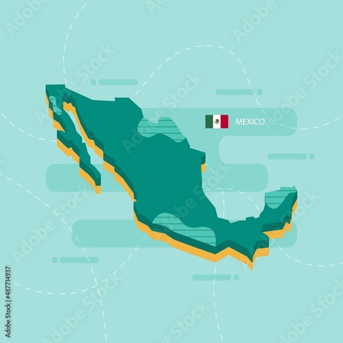 3d vector map of Mexico with name and flag of country on light green background and dash.
