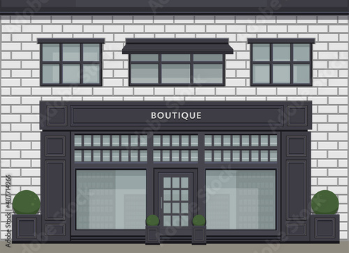 Boutique shop. Store facade with showcases. Detailed stylish shop. Stylish exterior design of a street store. Flat style vector illustration. shop on the background of a white brick wall